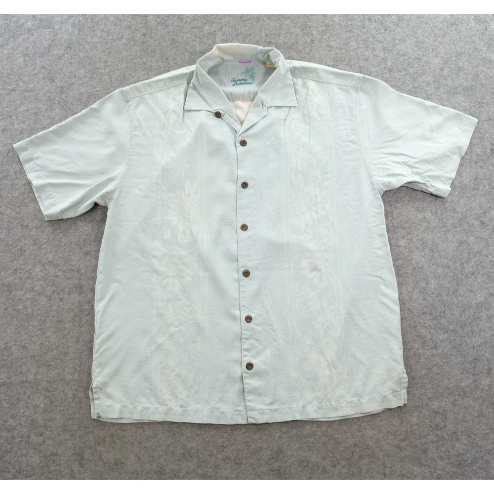 Tommy Bahama Shirt Mens Large Blue 100% Silk Camp Floral Jacquard Button Up